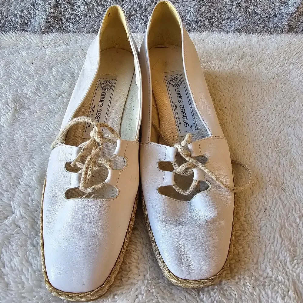 Andre Assous Women Leather Ballet Espadrilles Wedge Loafer Shoes Size 8.5M White